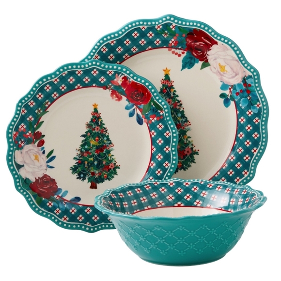 2022 New Pioneer Woman Wishful Winter Holiday Teal 3 Piece Place Setting - Picture 6 of 6